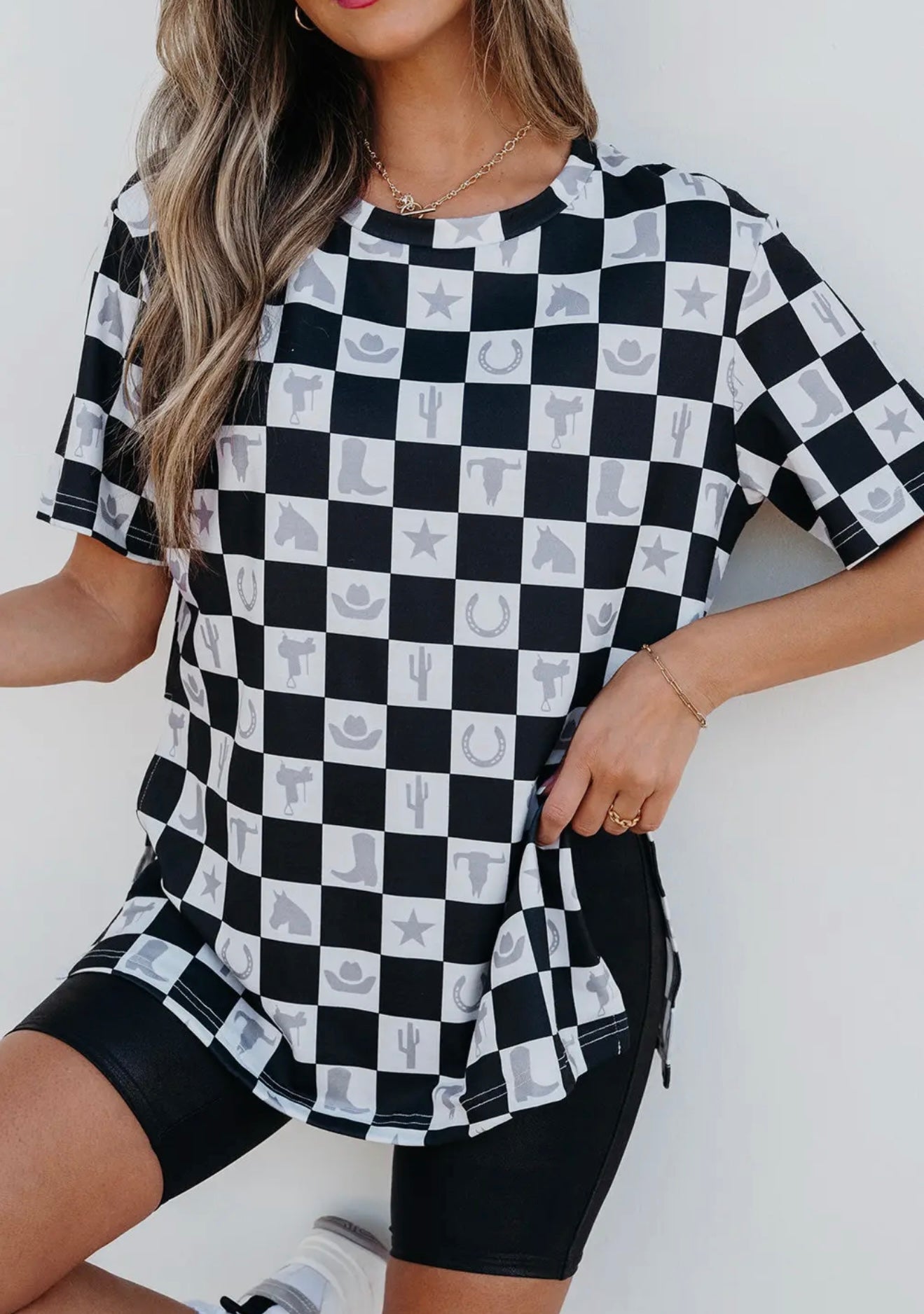 Checkered Print Side Slit Tee