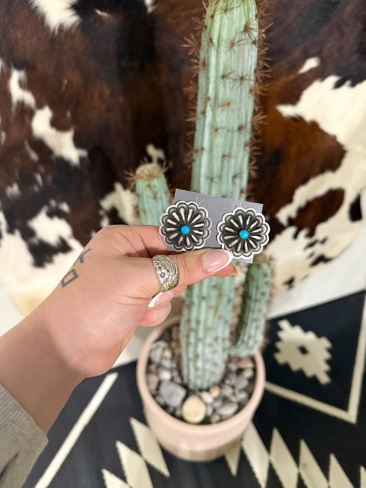 The Branded Roan - Concho Earrings W/ Kingman Turquoise