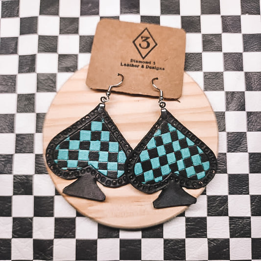 Diamond 3 Leather - Turquoise Checkered Spade Earrings