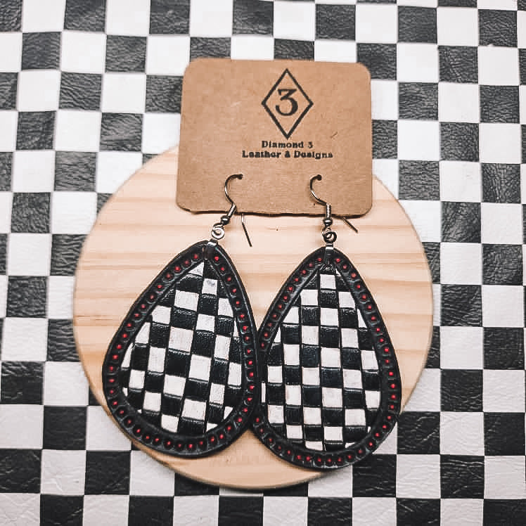 Diamond 3 Leather - Teardrop Checkered W/ Pink Border Earrings