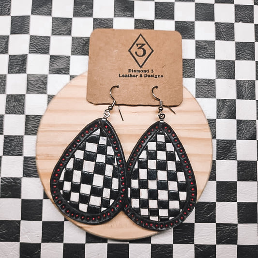 Diamond 3 Leather - Teardrop Checkered W/ Pink Border Earrings