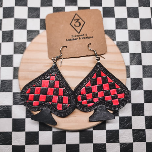 Diamond 3 Leather - Pink Checkered Spade Earrings