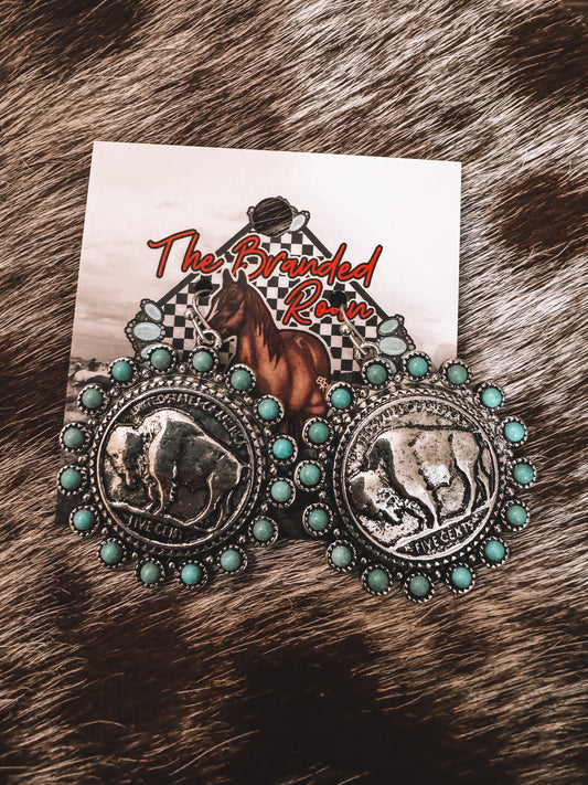 The Branded Roan - Faux Turquoise Buffalo Nickel Earrings