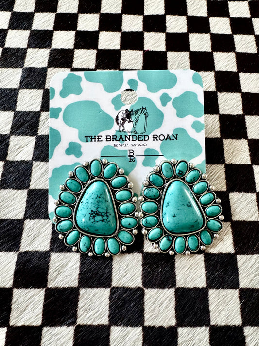 The Branded Roan - Big Turquoise Stone Blossom Earrings