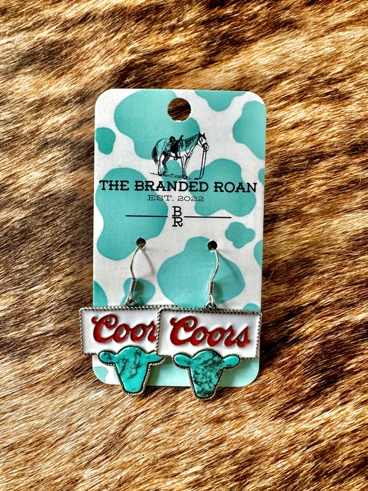 The Branded Roan - White Coors Logo W/Turquoise Calf Head Earrings