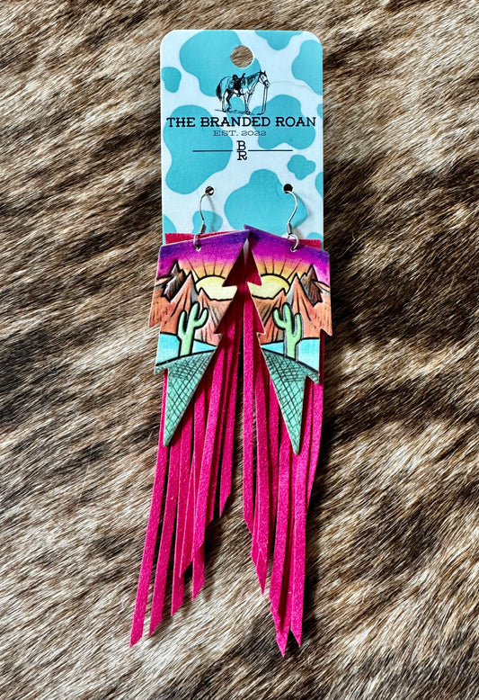 The Branded Roan - Tooled Pink Fringe Earrings