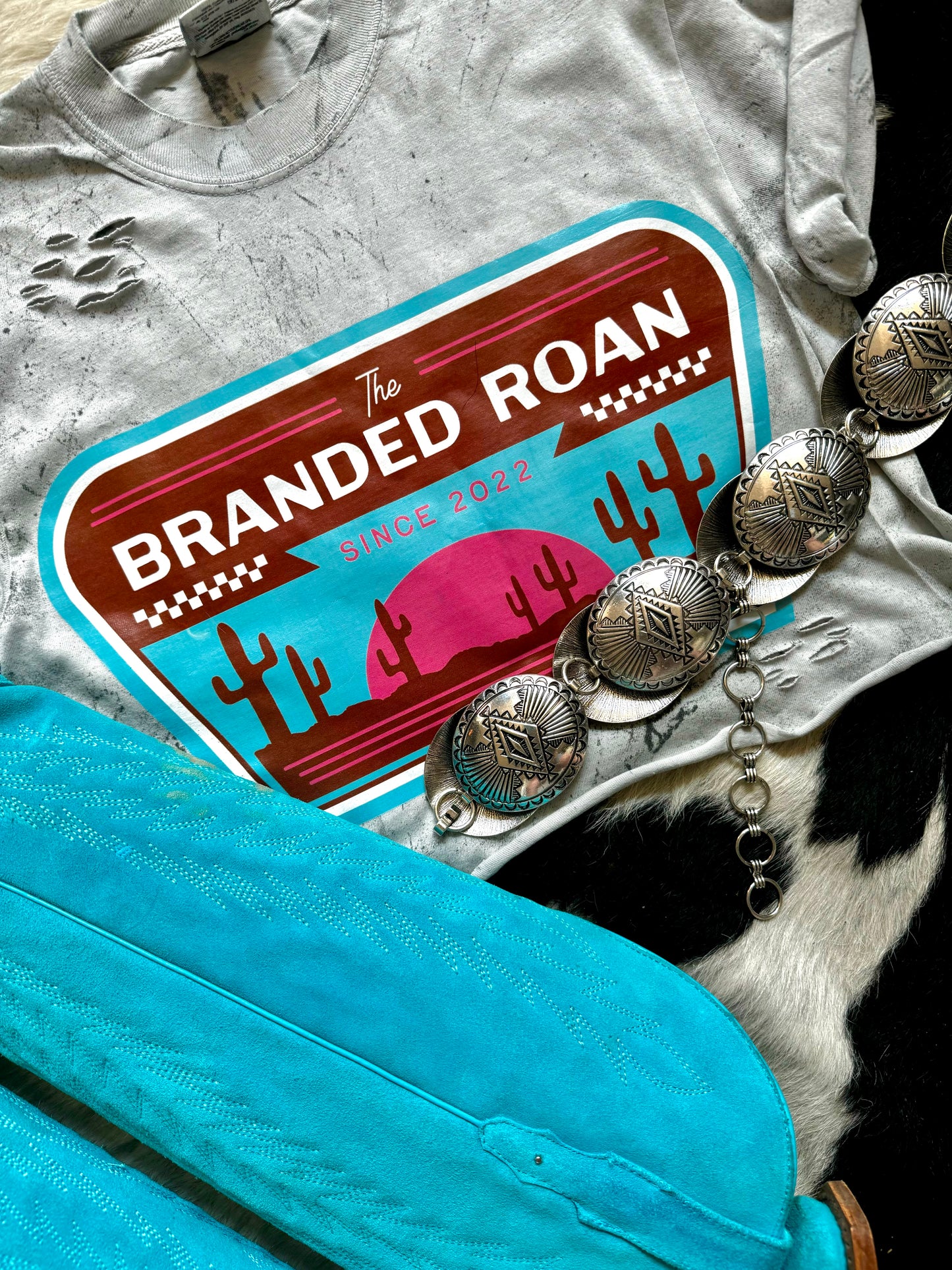 The Branded Roan - Grey Acid Wash Turquoise & Pink Retro Graphic Tee