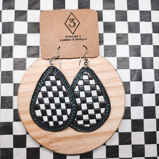 Diamond 3 Leather - Teardrop Checkered W/ Turquoise Border Earrings