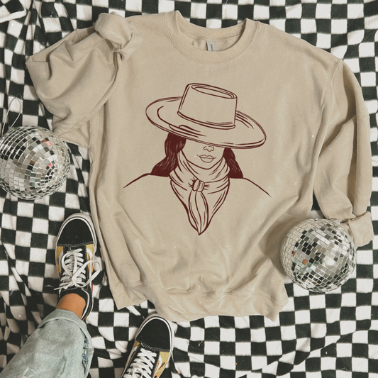 The Branded Roan - Cowgirl Outline Maroon Crew