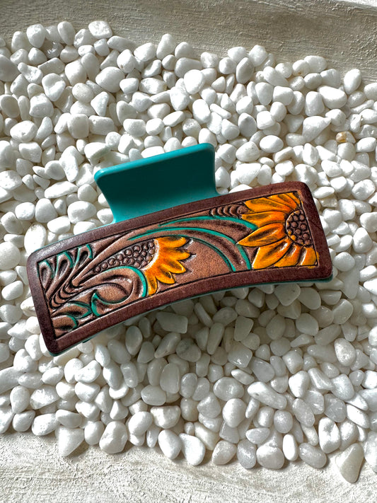 The Branded Roan - Jumbo Sunflower Tooled Claw Clip