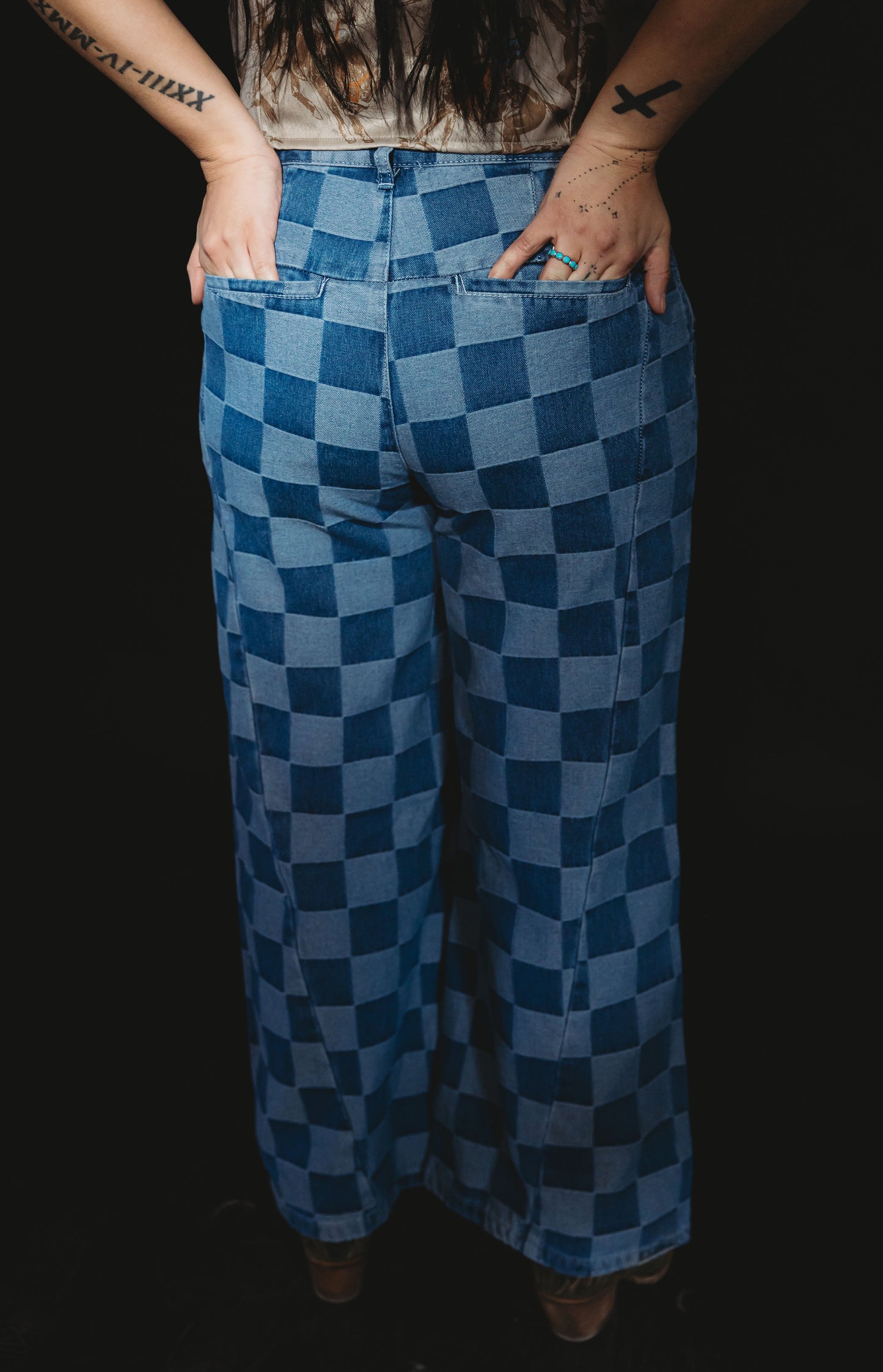 Denim Checkered Print Jeans