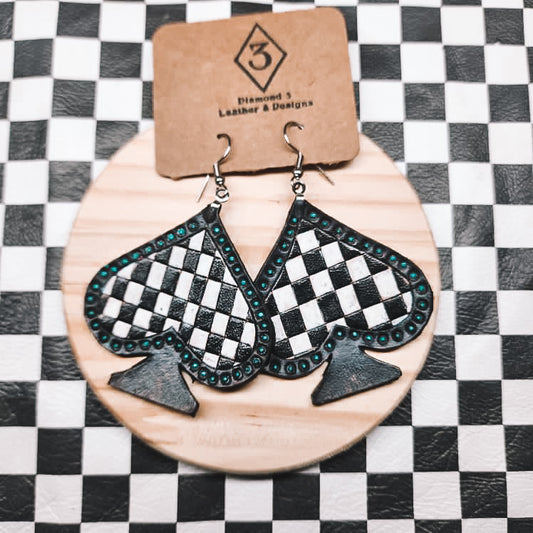 Diamond 3 Leather - Checkered Spade W/ Turquoise Border Earrings