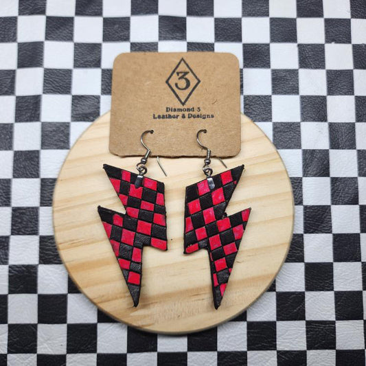 Diamond 3 Leather - Pink & Black Checkered Bolt Earrings