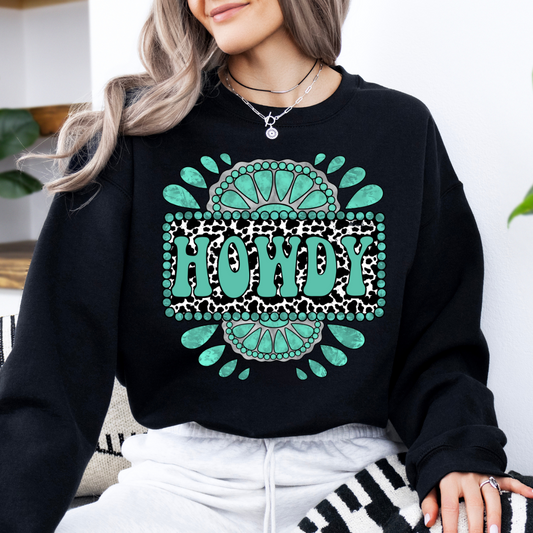 The Branded Roan - Howdy Turquoise & Cowprint Crewneck